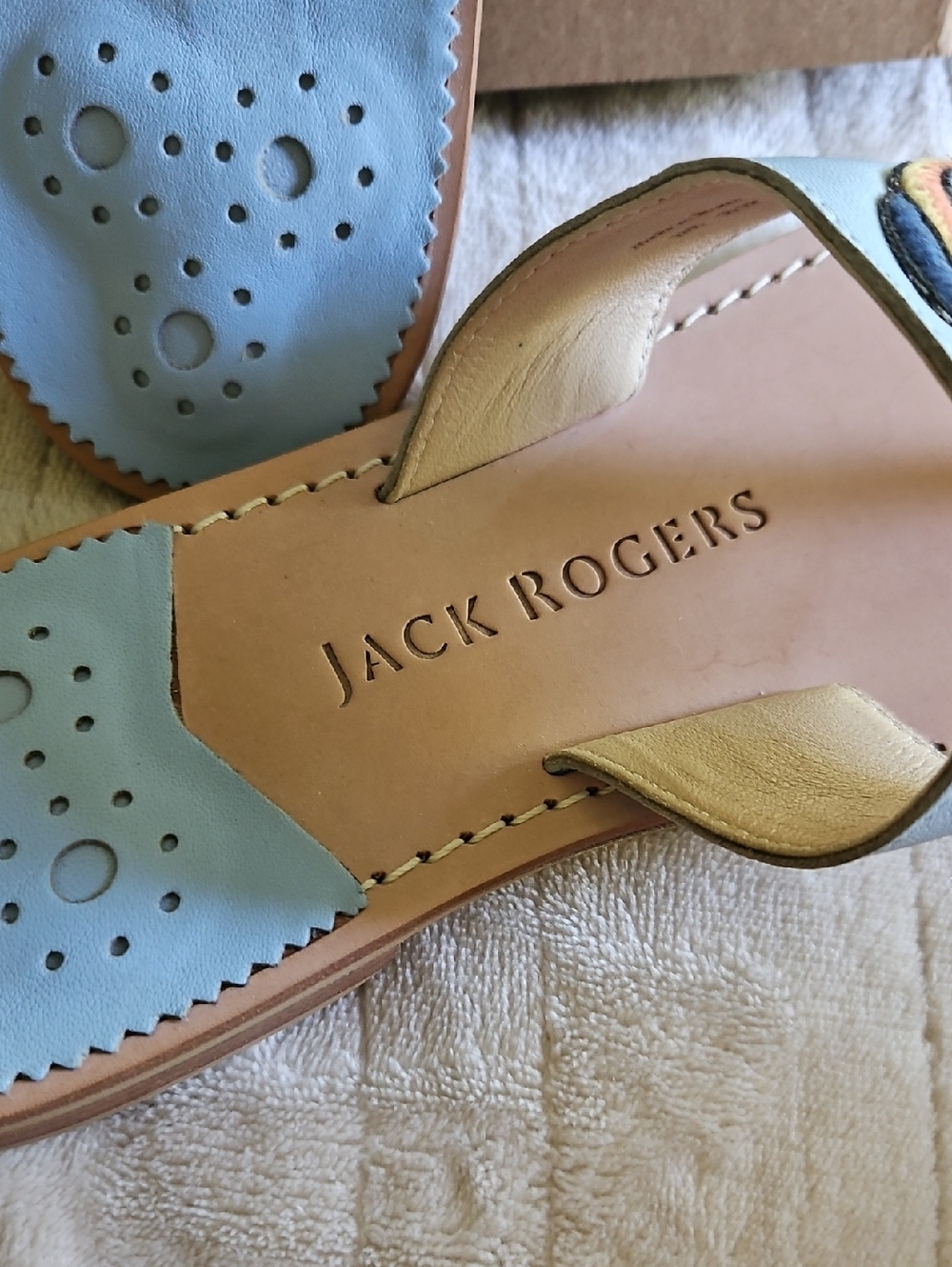 Jack Rogers Light Blue Leather Kimmie Sandals with Colorful Fish Embroidery - Picture 3 of 4